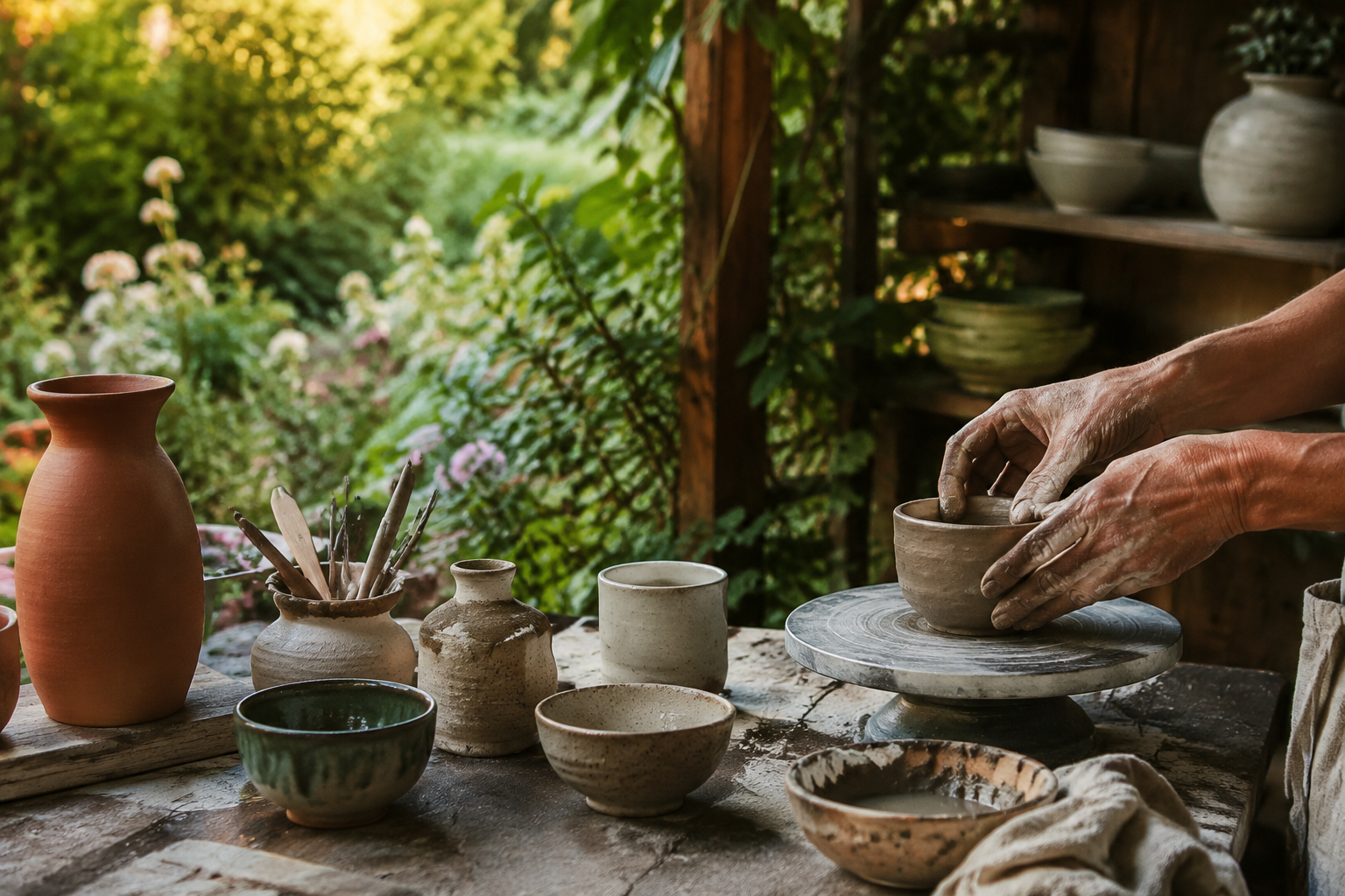 Hände beim Töpfern in einer kleinen Gartenwerkstatt mit handgemachten Schalen und Vasen